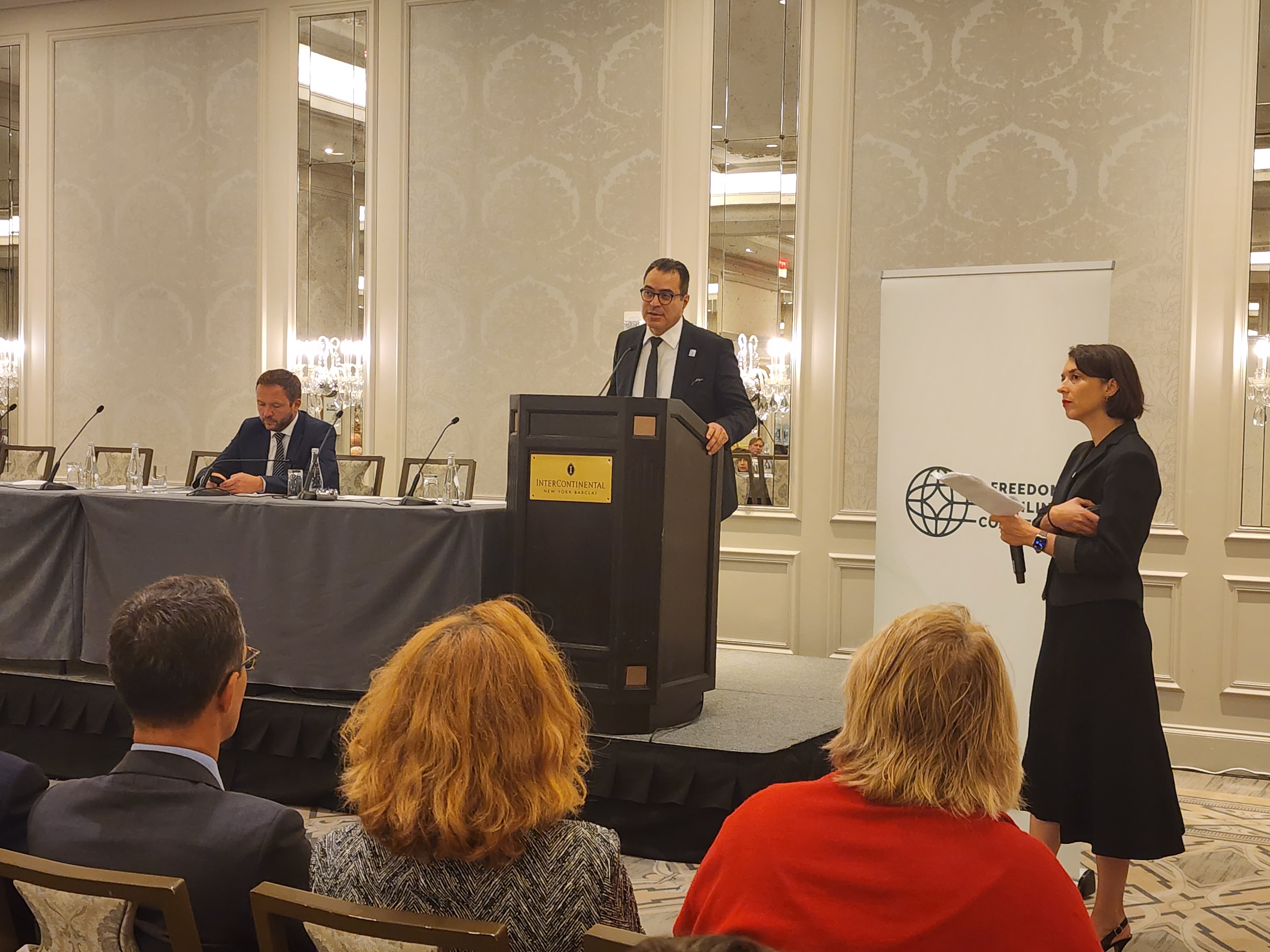 International IDEA Secretary-General Kevin Casas-Zamora speaking at Freedom Online Coalition at a United Nations General Assembly Side Event in New York on 25 September 2025. 