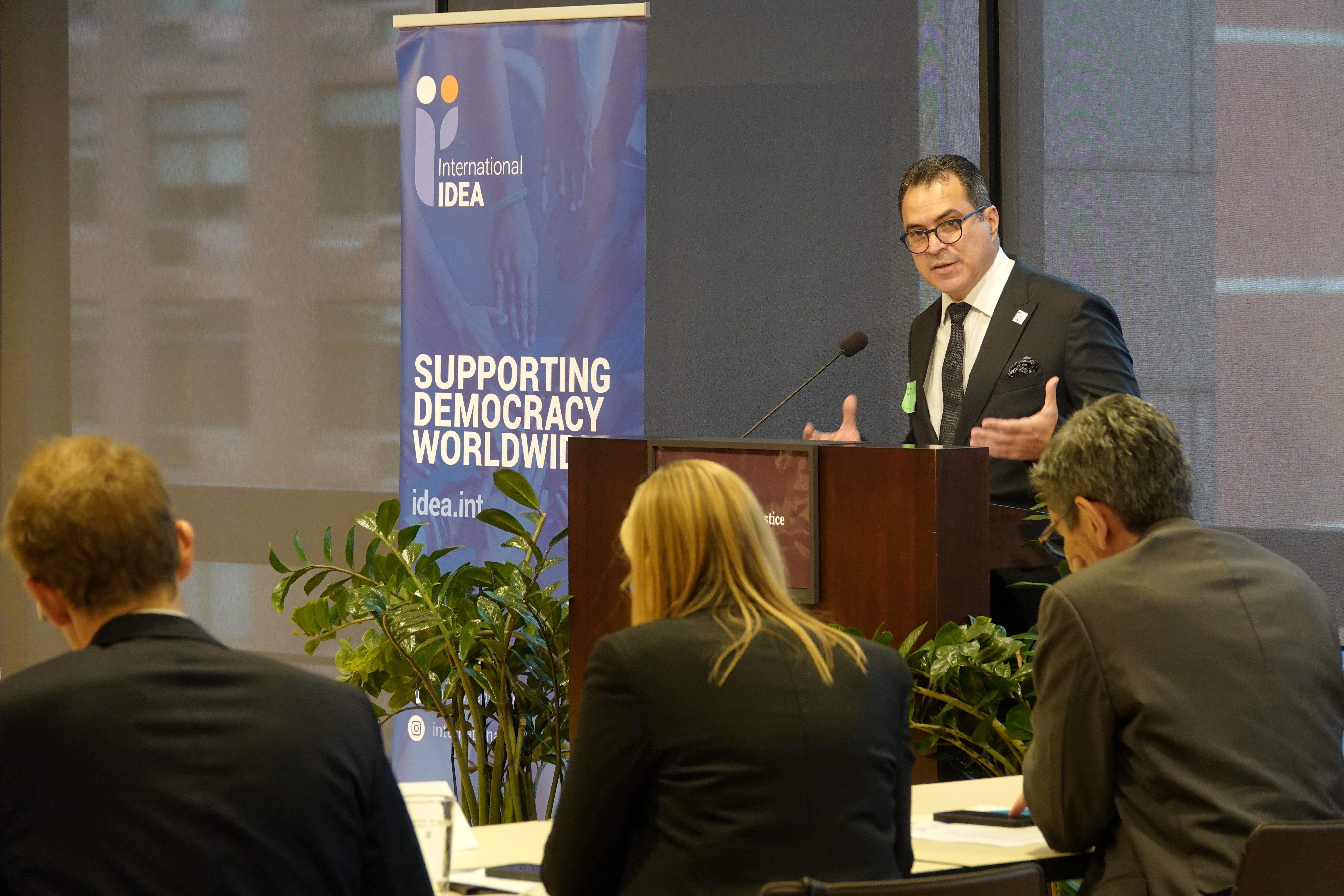 International IDEA Secretary-General Kevin Casas-Zamora delivers his introductory remarks a high-level event: Support for Democracy in a New Geopolitical Context, on the sidelines of the the United Nations General Assembly in New York, 25 September 2025. Credit: Jessica Benton Cooney