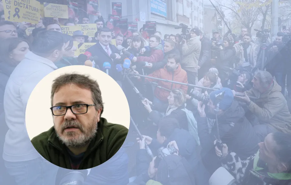 Photo of Claudiu Tufis, courtesy of the interviewee. Background image of George Simion, president of the Alliance for the Union of Romanians party, speaking to the press at a closed polling station after the election was legally annulled (Credit <a href= lcva_info__.html LCVA</a>)