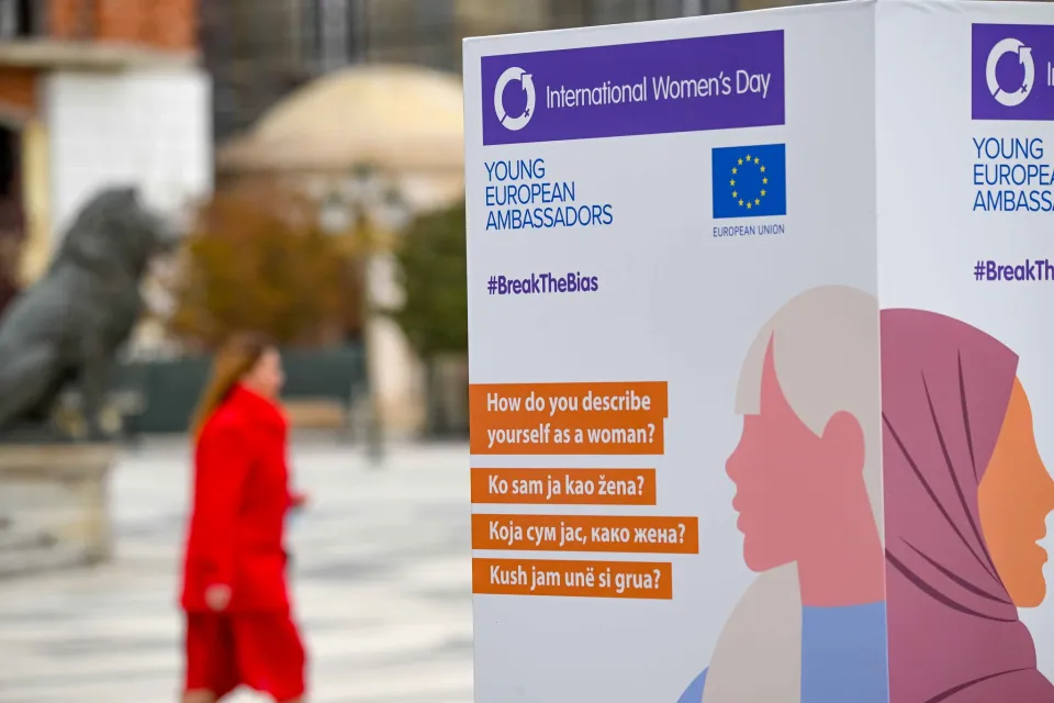 An International Women's Day marker in Skopje, North Macedonia, on 8 March 2022. (<a href=2n99hgm_.html target="_blank">Photo</a> by WeBalkans EU / <a href=_-3.html target="_blank">CC BY 2.0</a>)